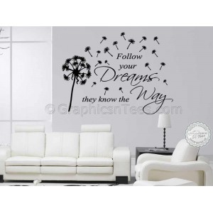 Follow Your Dreams Inspirational Quote, Family Wall Sticker Vinyl Mural Decal With Dandelion Blowing in Wind