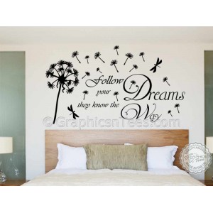 Follow Your Dreams, with Dandelion in Wind, Inspirational Wall Sticker Quote