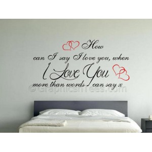 Love You More Than Words Can Say, Romantic Bedroom Wall Sticker Love Quote, with Red Hearts