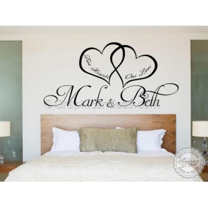 Personalised Bedroom Wall Sticker, Two Hearts One Love, Romantic Love Quote