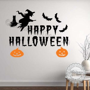 Happy Halloween Wall Stickers Party Decorations with Witch, Bats Pumpkins Window Display