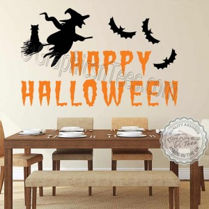 Happy Halloween Wall Stickers Party Decorations with Witch and Cat Window Display