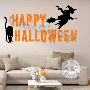 Happy Halloween Wall Stickers Party Decorations with Witch on a Broomstick and Black Cat Window Display