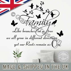 Family Wall Sticker, Inspirational Quote, Family Like Branches of a Tree, Our Roots Remain as One, with Butterflies and Birds