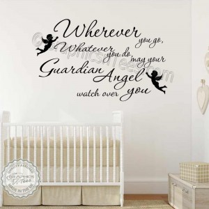 Nursery Wall Sticker Quote, Guardian Angel, Wherever You Go, with Cherubs, Bedroom Wall Sticker