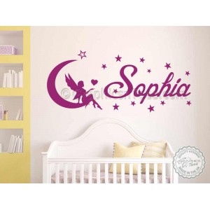 Personalised Nursery Wall Sticker with Fairy Sitting on Moon, Children's Bedroom Playroom Wall Decor Decals
