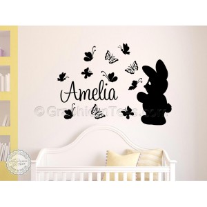 Childrens Personalised Bunny and  Butterflies Wall Sticker, Nusery Bedroom Playroom Wall Decor Decals