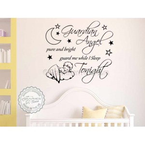 Guardian Angel, Guard Me While I Sleep Tonight,  Nursery Wall Sticker Quote, with sleeping baby angel