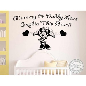 Personalised Nursery Wall Sticker, Minnie Mouse Bedroom Playroom Decor Decal, Mummy & Daddy Love This Much,