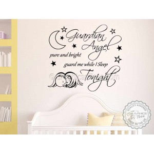 Guardian Angel, Guard Me While I Sleep Tonight,  Nursery Wall Sticker Quote, with sleeping baby angel on cloud