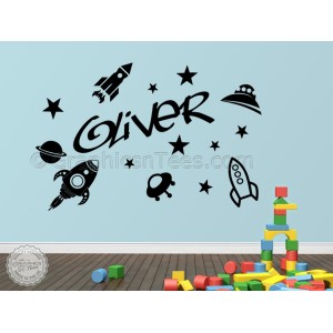 Childrens Personalised Nursery Bedroom Playroom Wall Sticker with Rockets Spaceships Stars Decor Decals