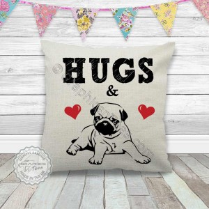 Hugs & Pug Cushion Printed on a Quality Linen Textured Cream Cushion - Pug Cushion Cover
