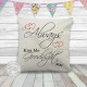 Always Kiss Me Goodnight Romantic Love Quote on a Quality Linen Textured Cream Cushion with Red Hearts Ideal for Bedroom