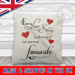 Every Love Story Is Beautiful Romantic Love Quote printed on a Quality Linen Textured Cream Cushion with Red Hearts 