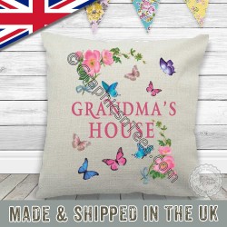 Grandma's Chair with Flowers & Butterflies Printed On Quality Linen Textured Cream Cushion Ideal Birthday, Mothers Day Christmas Gift Idea