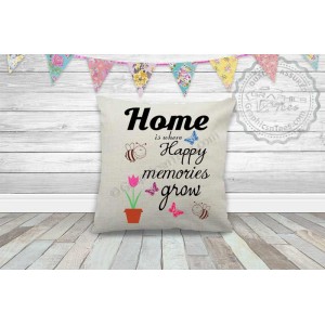 Home Where Happy Memories Grow Family Quote on Quality Textured Cream Linen Cushion