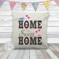 Home Sweet Home Cushion Printed on a Quality Linen Textured Cream Cushion with Adorable Pink & Blue Birds 02