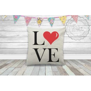 LOVE with Red Heart Printed on Quality Textured Cream Linen Cushion