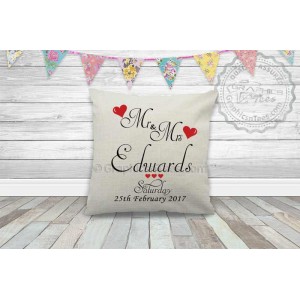 Personalised Mr & Mrs Wedding Gift Linen Textured Cushion Personalised with Name and Wedding Date