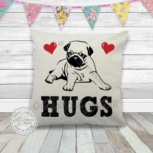 Pug Hugs on a Quality Linen Textured Cream Cushion - Pug Cushion Cover