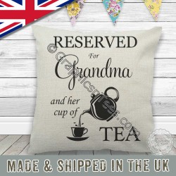 Reserved For Grandma and Cup of Tea Quality Textured Cream Linen Cushion