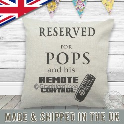 Reserved For Pops and Remote Control Fun Quote Printed on Quality Linen Textured Cream Cushion Cover