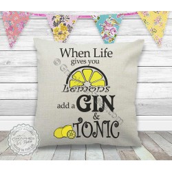 Gin & Tonic Cushion When Life Give You Lemons Fun G & T Quote on Quality Linen Textured Cream Cushion 