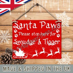 Personalised Santa Paws Stop Here Hanging Christmas Sign For Pets Dogs Cats Rabbits
